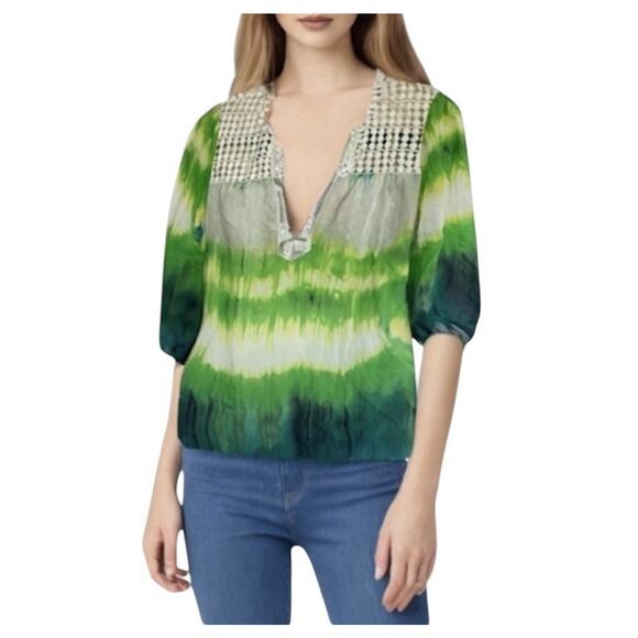 Calypso St. Barth Silk Sequin Tunic Top Size XS Green Cream Boho Batik Resort - Picture 11 of 11